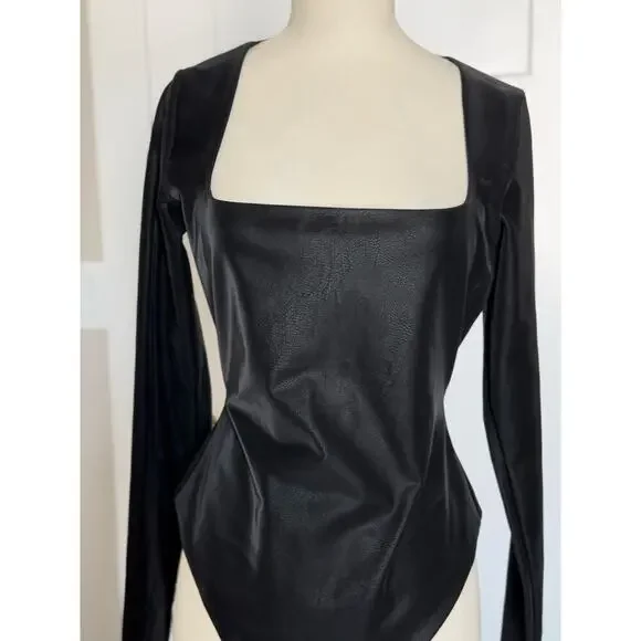 NWT Naked Wardrobe Liquid Faux Suede Square Neck Bodysuit Black Large - Picture 5 of 11